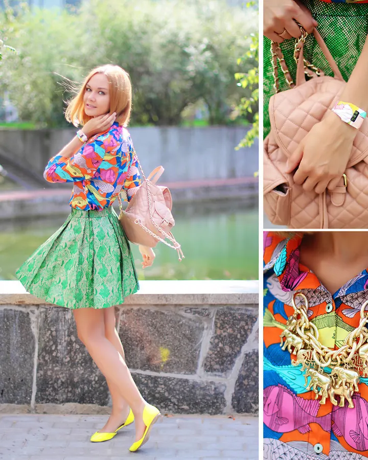 Collage de photos d'une femme en tenue colorée, avec sac à main et bijoux.